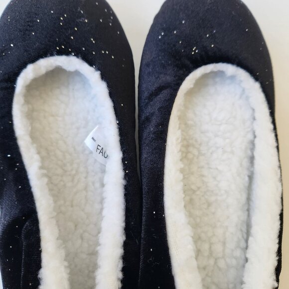 Totes Ballet Slippers Black Sparkles Faux Fur Bunny Cozycore Sleepwear Comfy L - Picture 2 of 12